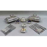 A pair of plated on copper entreé dishes and covers, with gadrooned rims and detachable handles,