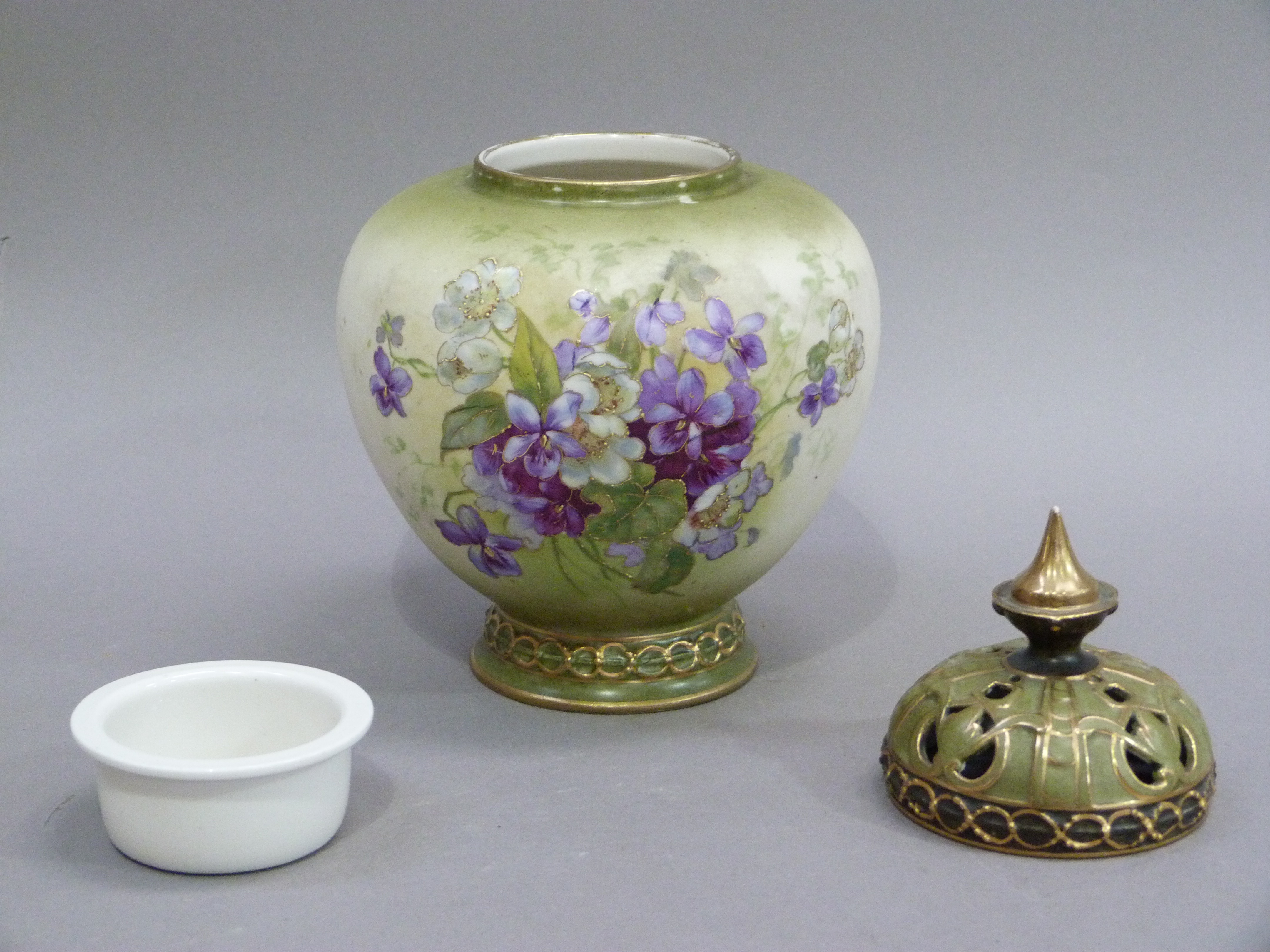 A Royal Vienna pot pourri vase and cover, the shaded green ground printed and enamelled with - Image 2 of 4