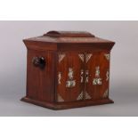 A VICTORIAN MOTHER OF PEARL INLAID ROSEWOOD TABLE CABINET with domed sarcophagus shaped hinged lid