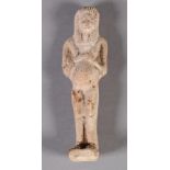 AN EGYPTIAN TERRACOTTA POT BELLIED FIGURE, its arms resting on its chest, 15cm high (fractured in