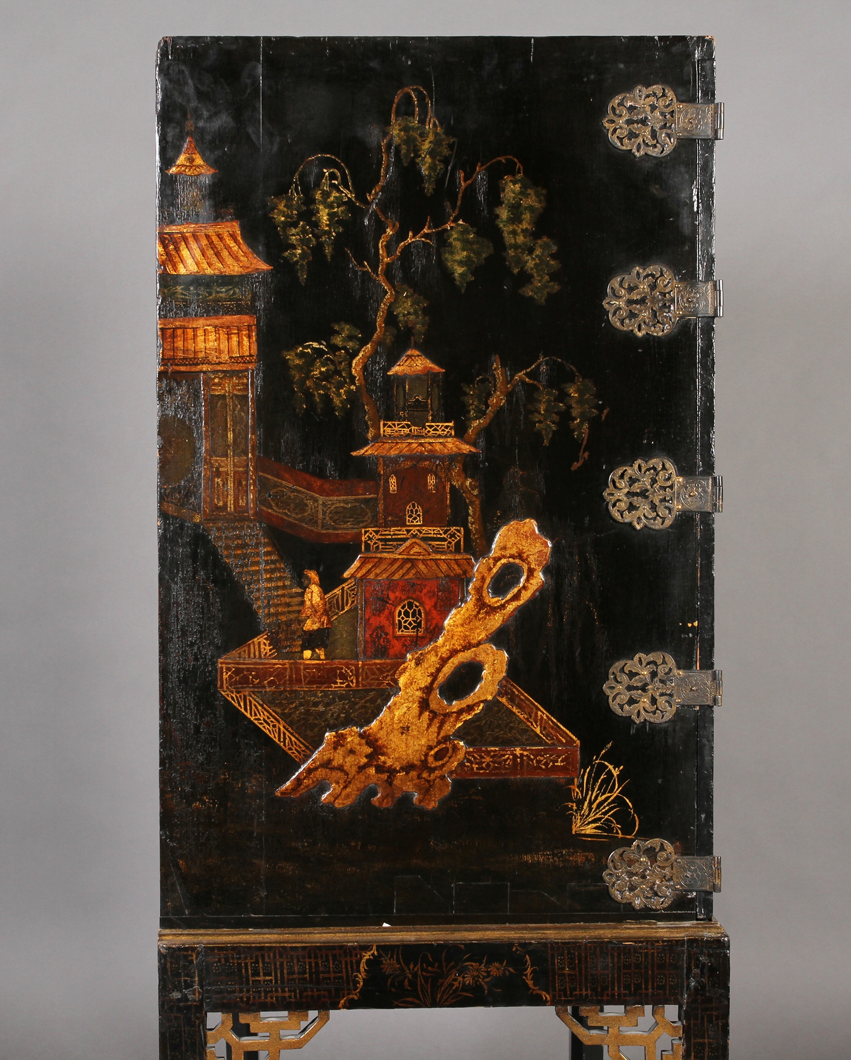 A CHINESE BLACK AND GILT LACQUERED CABINET ON STAND, 19th century, having two doors gilt with - Image 8 of 13