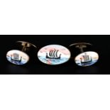 A PAIR OF NORWEGIAN SILVER AND ENAMEL CUFFLINKS by Norne, oval face illustrating polychrome