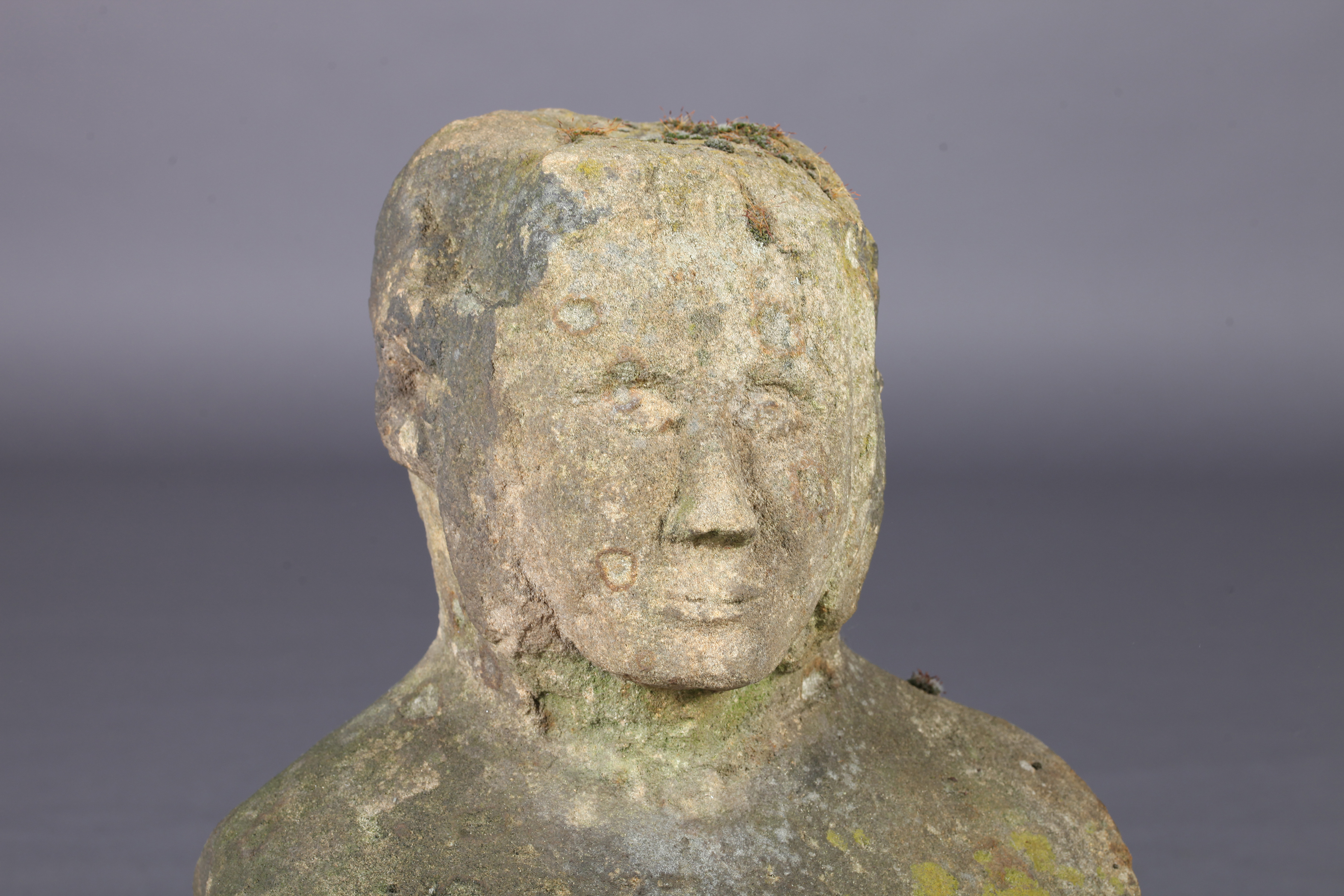 A 19TH CENTURY STONE SCULPTURE OF A MALE HEAD AND SHOULDERS the face re-carved, 40cm wide x 29cm - Image 2 of 8