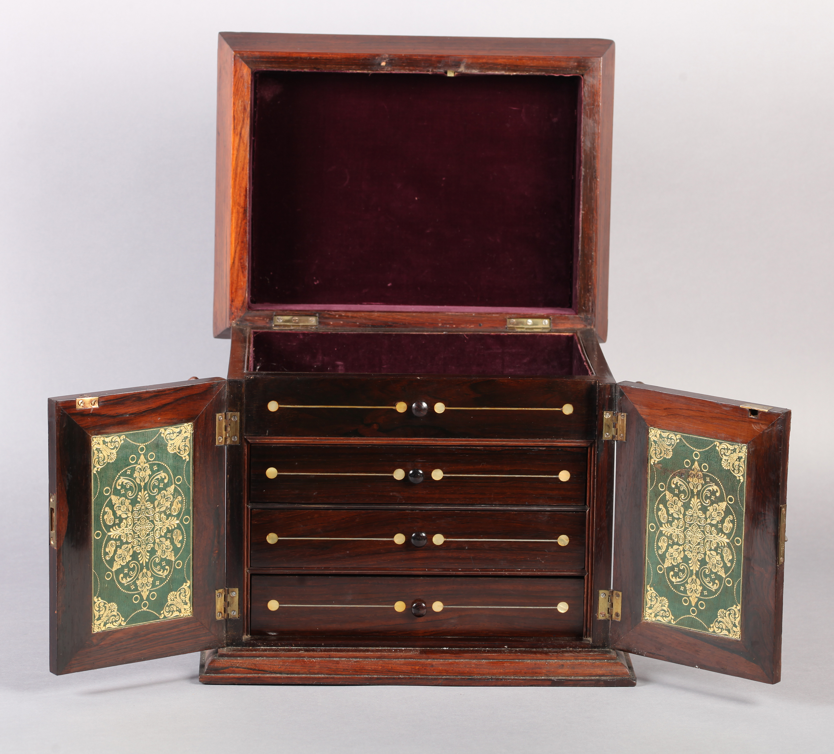 A VICTORIAN MOTHER OF PEARL INLAID ROSEWOOD TABLE CABINET with domed sarcophagus shaped hinged lid - Image 4 of 5