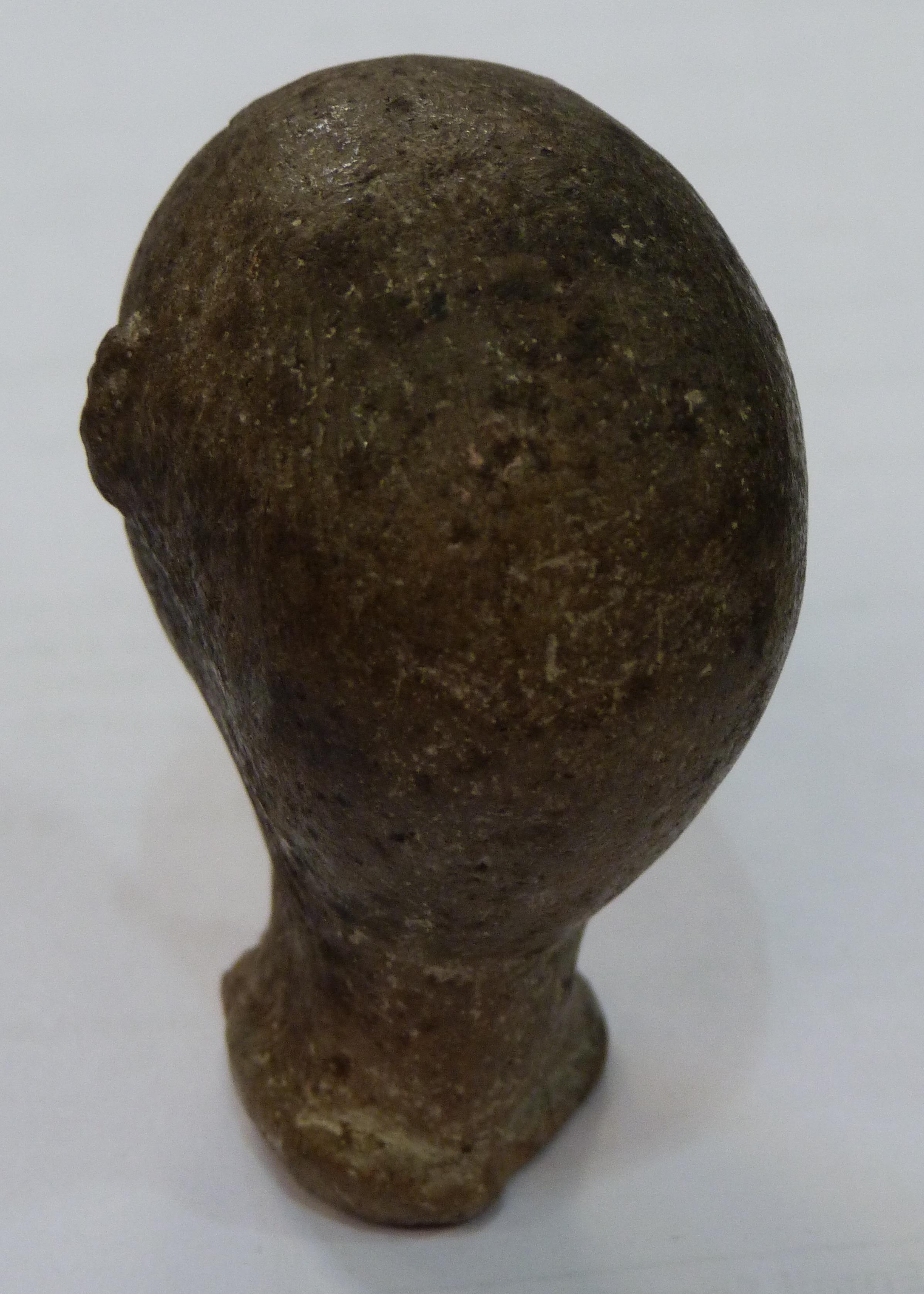 A SMALL POTTERY HEAD realistically modelled with bald pate, shallow oval neck, bearing traces of - Image 4 of 7