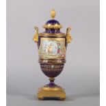 A LATE 19TH CENTURY SEVRES STYLE AND ORMOLU MOUNTED VASE and cover, of gros bleu and gilt ground the