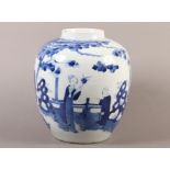 A CHINESE BLUE AND WHITE VASE of 18th century style, painted with figures in a garden landscape