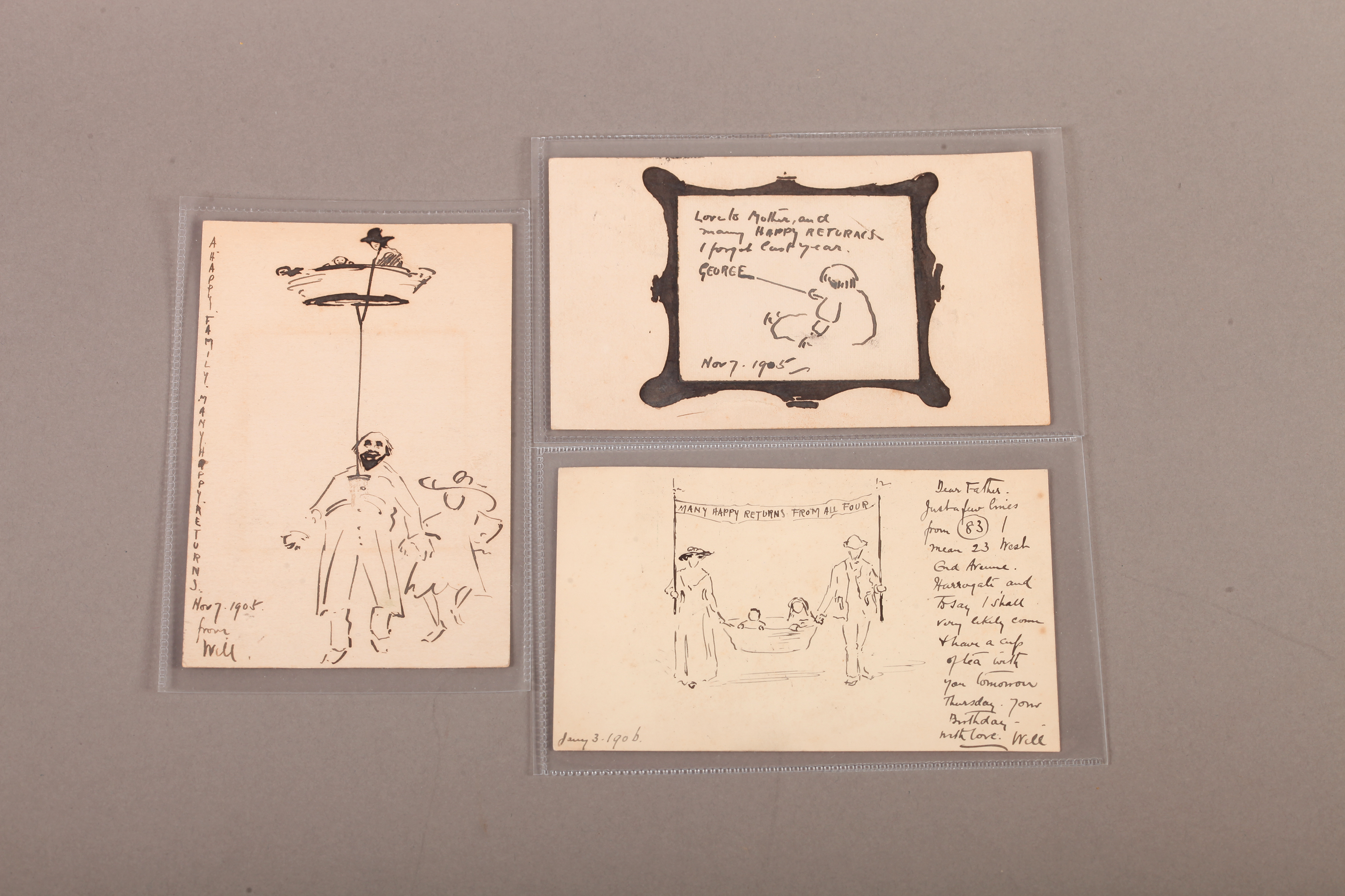 William Cave Day (1864-1924), Three pen and ink sketches relating to family birthdays, on