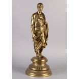 A 19TH CENTURY GILT BRONZE FIGURE OF A GREEK PHILOSOPHER, standing wearing full robes and carrying