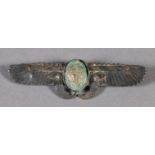 A LATE VICTORIAN/EDWARDIAN SILVER SCARAB BROOCH set with central Egyptian turquoise glazed pottery