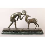 JEAN VERSCHNEIDER (French 1872-1943), Bronze model of a young female and deer, signed in the