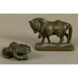 A BRONZE FIGURE OF A TOAD, 4cm long together with a bronze horse with saddle and panniers, on