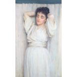 REGINALD BARBER (1851-1928) An Idle Mood, portrait of a young woman, three quarter length dark hair,