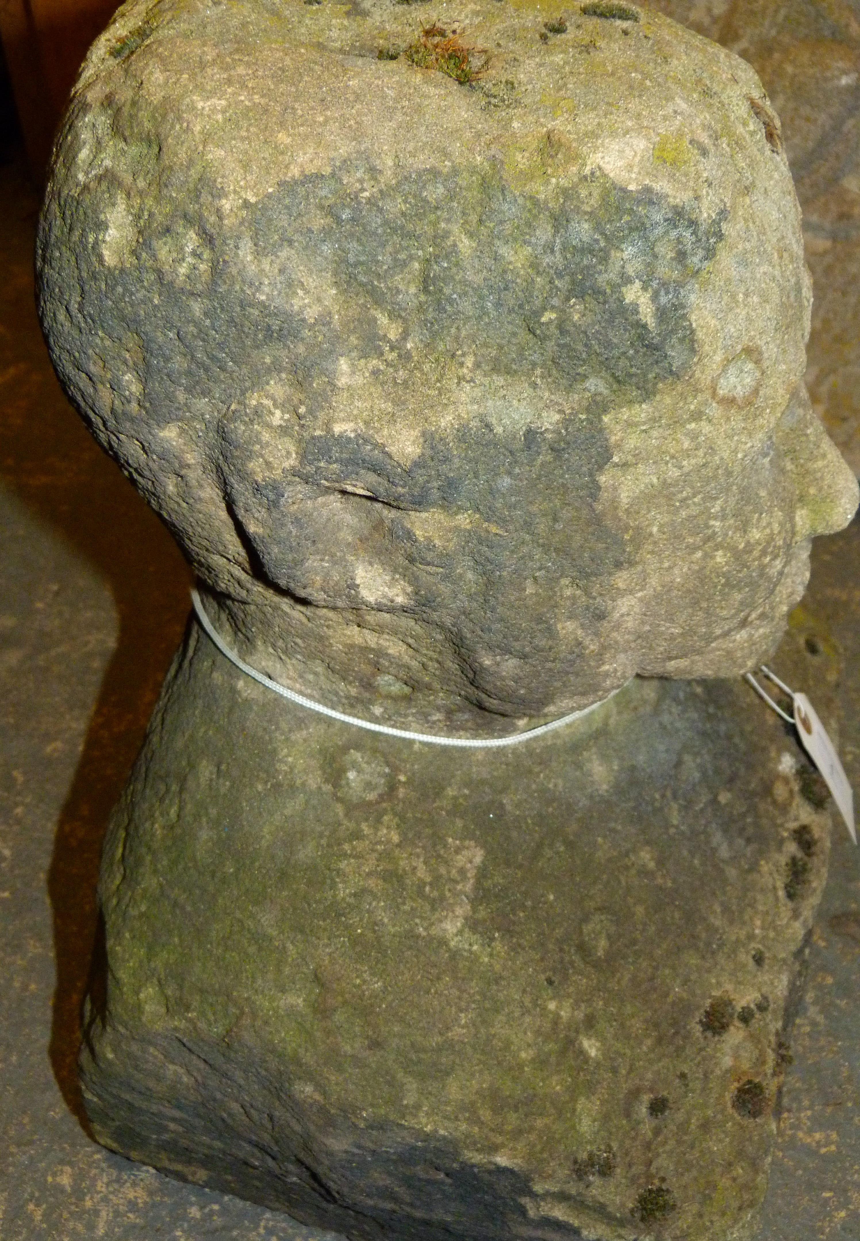 A 19TH CENTURY STONE SCULPTURE OF A MALE HEAD AND SHOULDERS the face re-carved, 40cm wide x 29cm - Image 3 of 8