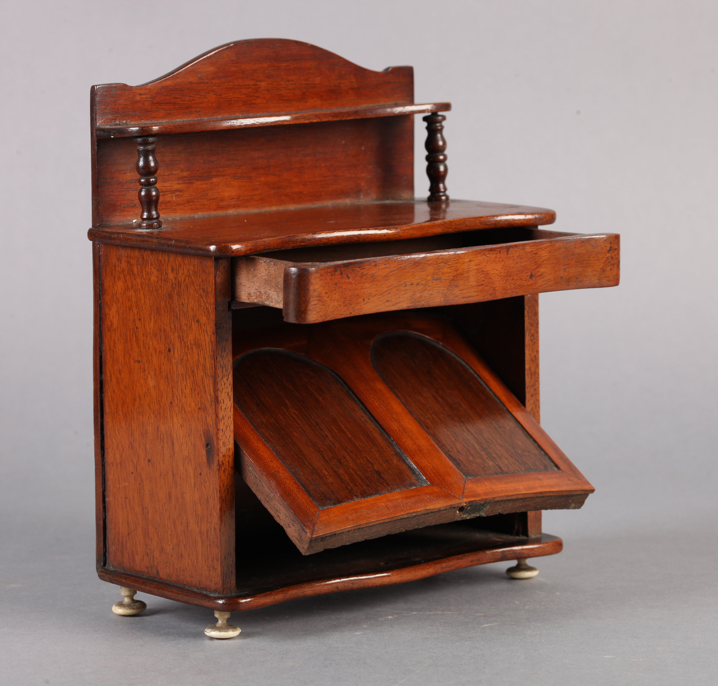 A VICTORIAN MAHOGANY MINIATURE CHEFFONIER MONEY BOX, of typical design, serpentine fronted, the - Image 2 of 3