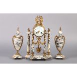 A MID 19TH CENTURY FRENCH MARBLE AND ORMOLU CLOCK garniture, the drum shaped case with bow, arrow
