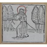 UNKNOWN, Christ standing between cypress trees, early woodcut on laid paper, 7cm x 7.5cm