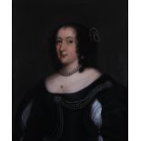 FOLLOWER OF SIR ANTHONY VAN DYCK, Lady Higgins, half-length, wearing a black dress and string of
