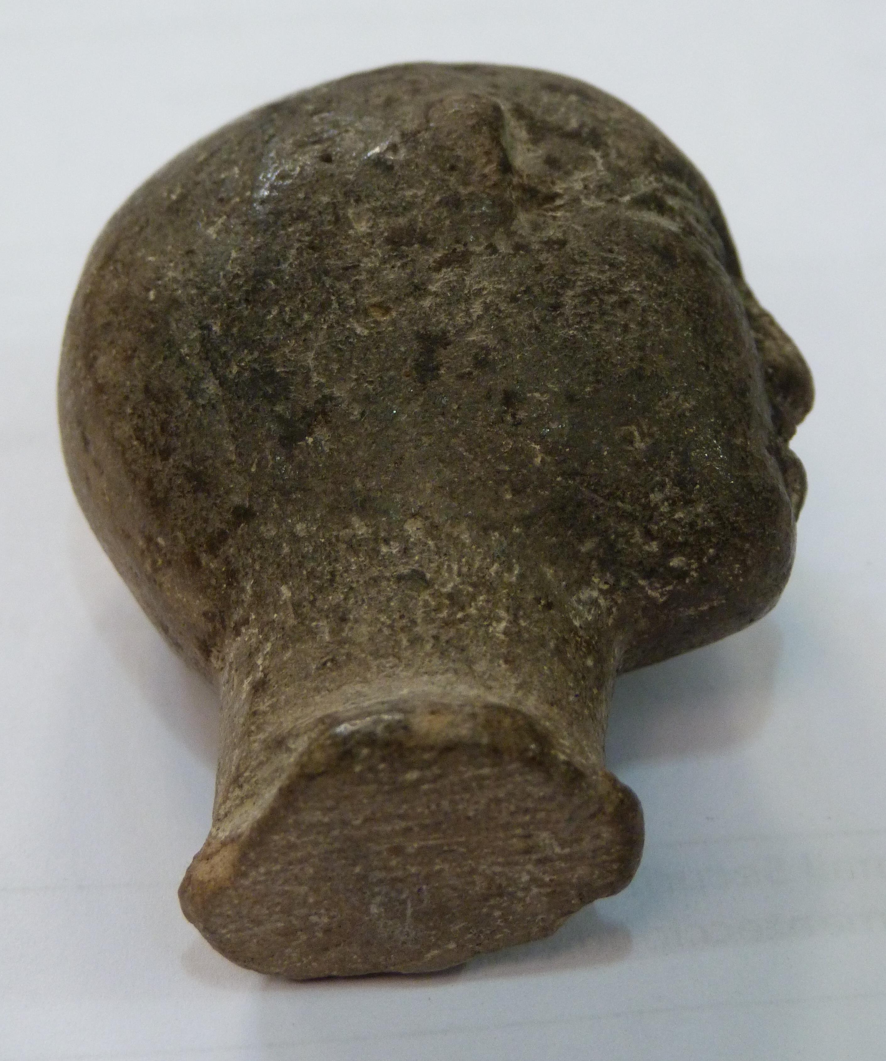 A SMALL POTTERY HEAD realistically modelled with bald pate, shallow oval neck, bearing traces of - Image 6 of 7