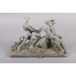 A 19TH CENTURY LEAD SCULPTURE of hounds bringing down a stag, a huntsman pulling one off by the