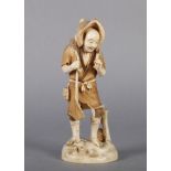 A 19TH CENTURY JAPANESE IVORY OKIMONO OF A FISHERMAN, standing and holding his hat down with a