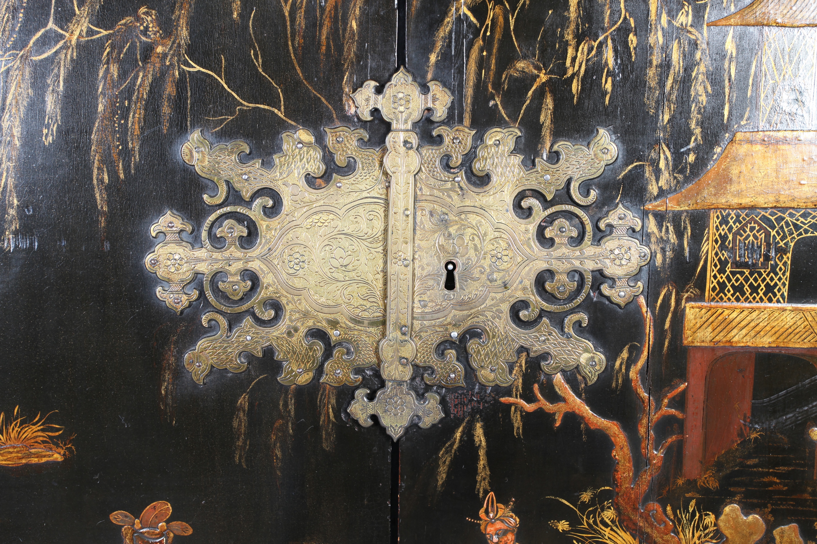 A CHINESE BLACK AND GILT LACQUERED CABINET ON STAND, 19th century, having two doors gilt with - Image 11 of 13