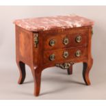 A LOUIS XVI STYLE MINIATURE MAHOGANY VENEERED COMMODE with veined rosso marble moulded top above two