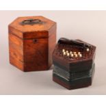 A 19TH CENTURY ROSEWOOD CONCERTINA with twenty bone buttons, hexagonal, green leather, six fold