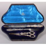 A VICTORIAN THREE PIECE DESSERT SERVING SET the large knife and fork with fruiting vine entwined