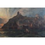 19TH CENTURY SCHOOL, coastline at dawn, clifftop castle ruins above the town and harbour with sail