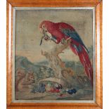 A VICTORIAN PLUSH WOOLWORK PICTURE OF A MACAW eating fruit whilst perched on a stump, squirrel and