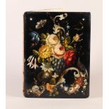 A 19TH CENTURY PAPIER MACHE DESK BLOTTER, the cover painted with flowers, bird and nest, 30.5cm x