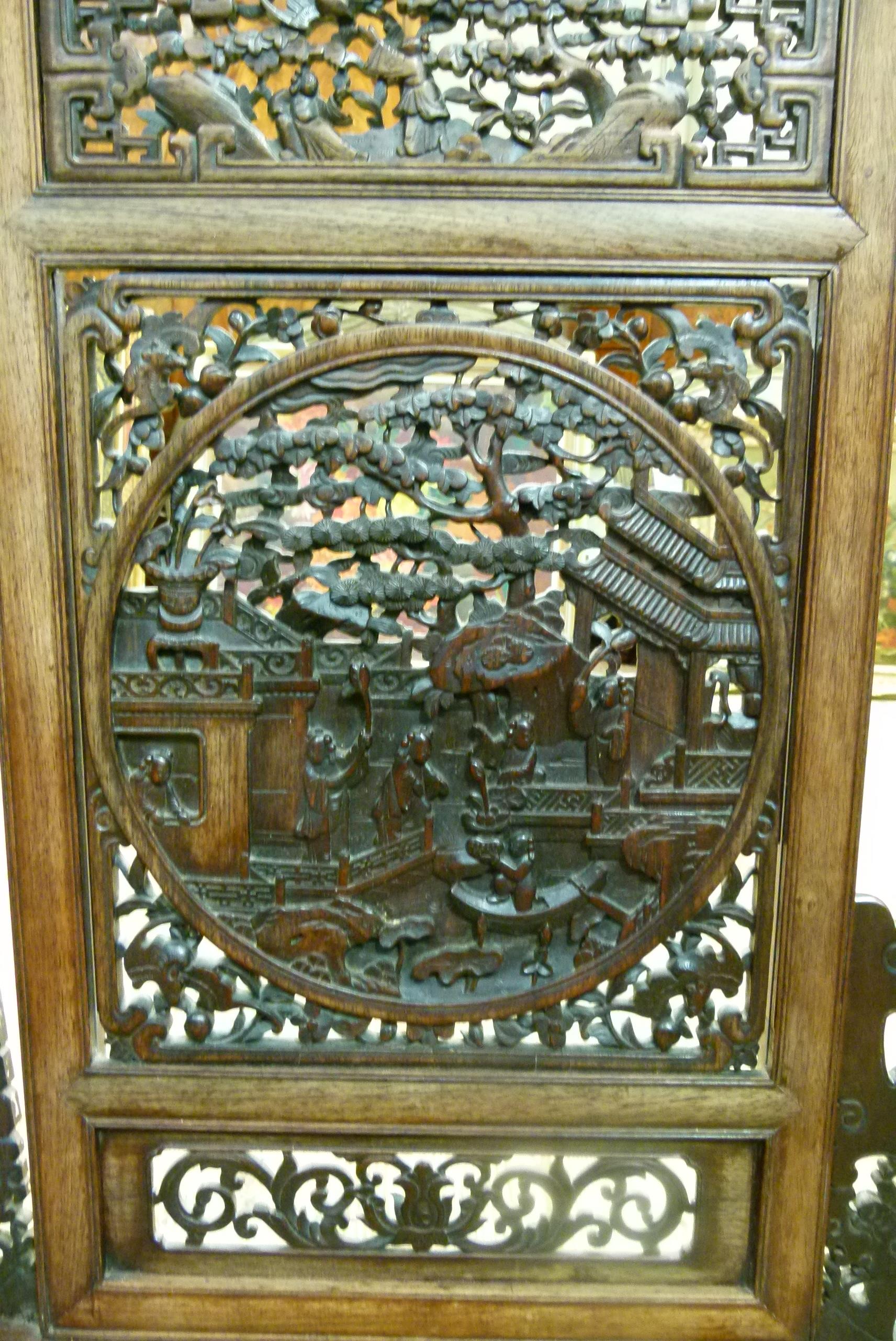 A CHINESE HARDWOOD SCREEN, the rectangular panel with central roundel carved and pierced with - Image 5 of 11