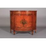 A LATE 19TH CENTURY QUARTER-VENEERED SATINWOOD AND PAINTED DEMI-LUNE CABINET, painted with a