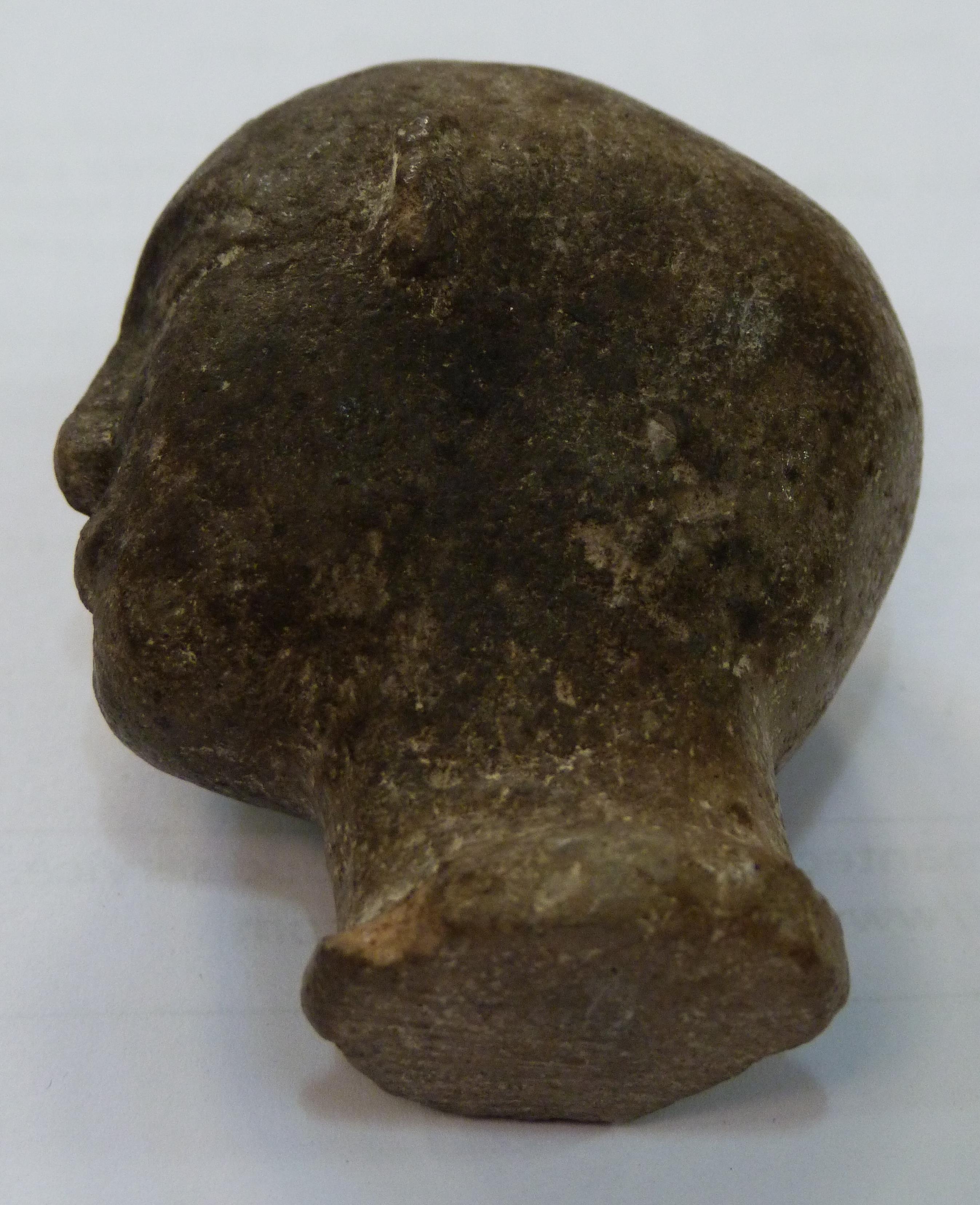 A SMALL POTTERY HEAD realistically modelled with bald pate, shallow oval neck, bearing traces of - Image 7 of 7