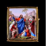 A 19TH CENTURY POLYCHROME ENAMEL BROOCH in 9ct gold, the biblical scene suffer the little children