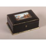 A 19TH CENTURY PAPIER MACHE BOX, rectangular, the hinged lid inset with a mother-of-pearl and