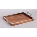 A JAPANESE HARDWOOD TRAY with silver coloured metal faux bamboo mount and handles, inscribed '