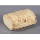 A LATE 18TH/EARLY 19TH CENTURY BONE MASONIC SNUFF BOX of domed trunk form, the hinged lid finely
