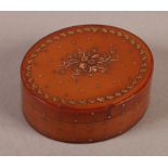 A 19TH CENTURY PIQUE DECORATED OVAL TORTOISESHELL BOX AND COVER, the pull off lid with floral