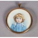 A FINE CIRCULAR PORTRAIT MINIATURE of a young child, head and shoulder wearing a lace trimmed blue