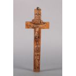A 19TH CENTURY FLEMISH CARVED WOODEN RELIQUARY CROSS, carved to the front with Christ crucified,
