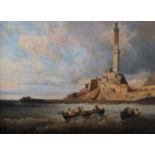 19TH CENTURY EUROPEAN SCHOOL, Lighthouse in the South of France with sailors in rowing boats pulling