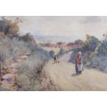 ALBERT GEORGE STEVENS (1863-1925) Figures on a country lane, red roofed cottages and farm