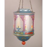 AN EGYPTIAN CRACKLE GLAZE AND PAINTED HANGING LANTERN, of cylindrical and bowl form with ball
