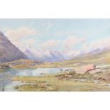 C J WAY (20th century), Lake on the Simplon Kulm, mountain landscape with cattle, watercolour,