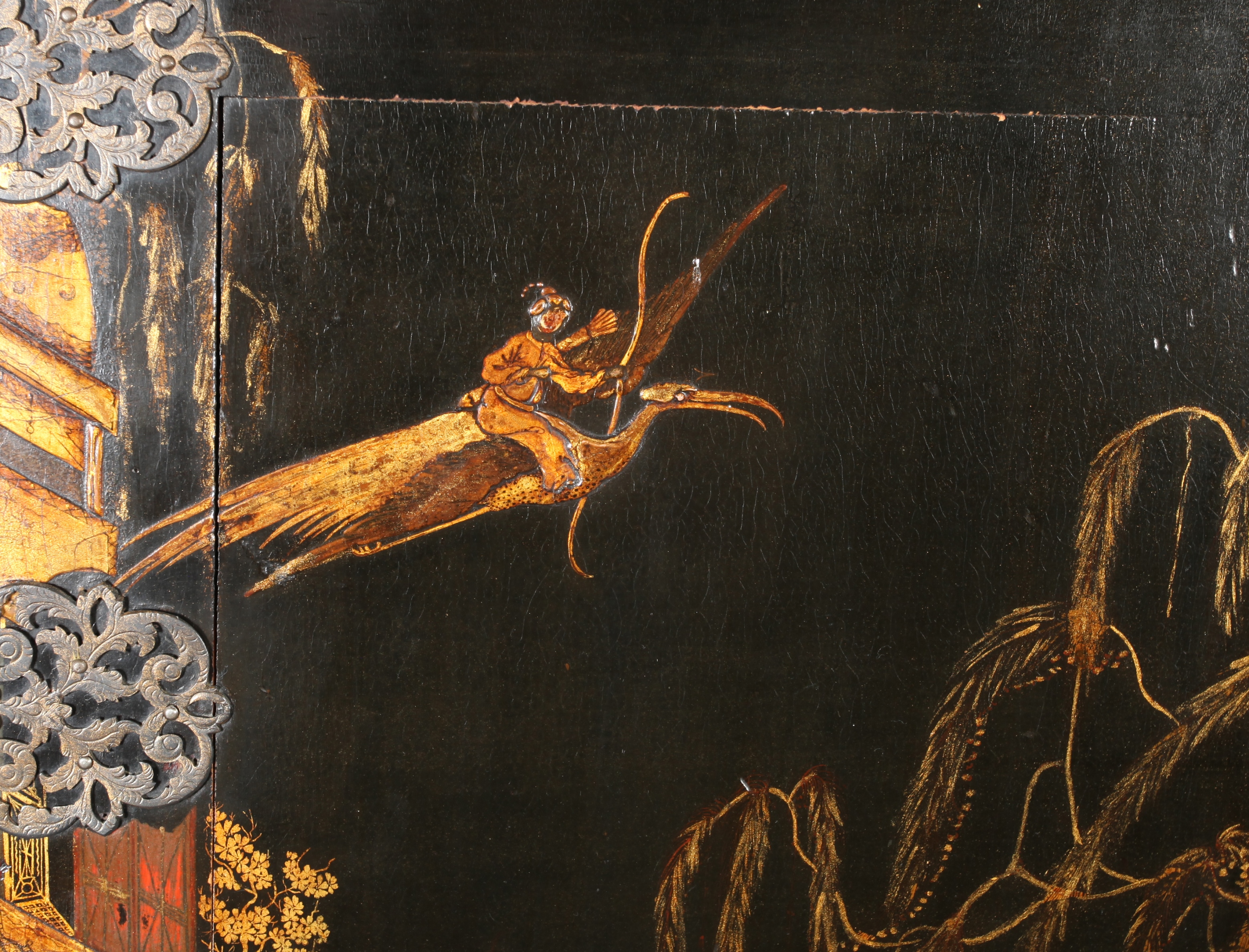 A CHINESE BLACK AND GILT LACQUERED CABINET ON STAND, 19th century, having two doors gilt with - Image 12 of 13