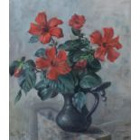 ARR ANN MEDALIE (1896-1991) Still life of red hibiscus held in a pewter jug, oil, signed to lower