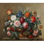 20TH CENTURY ENGLISH SCHOOL, still life of summer flowers held in an urn on a marble ledge, oil on