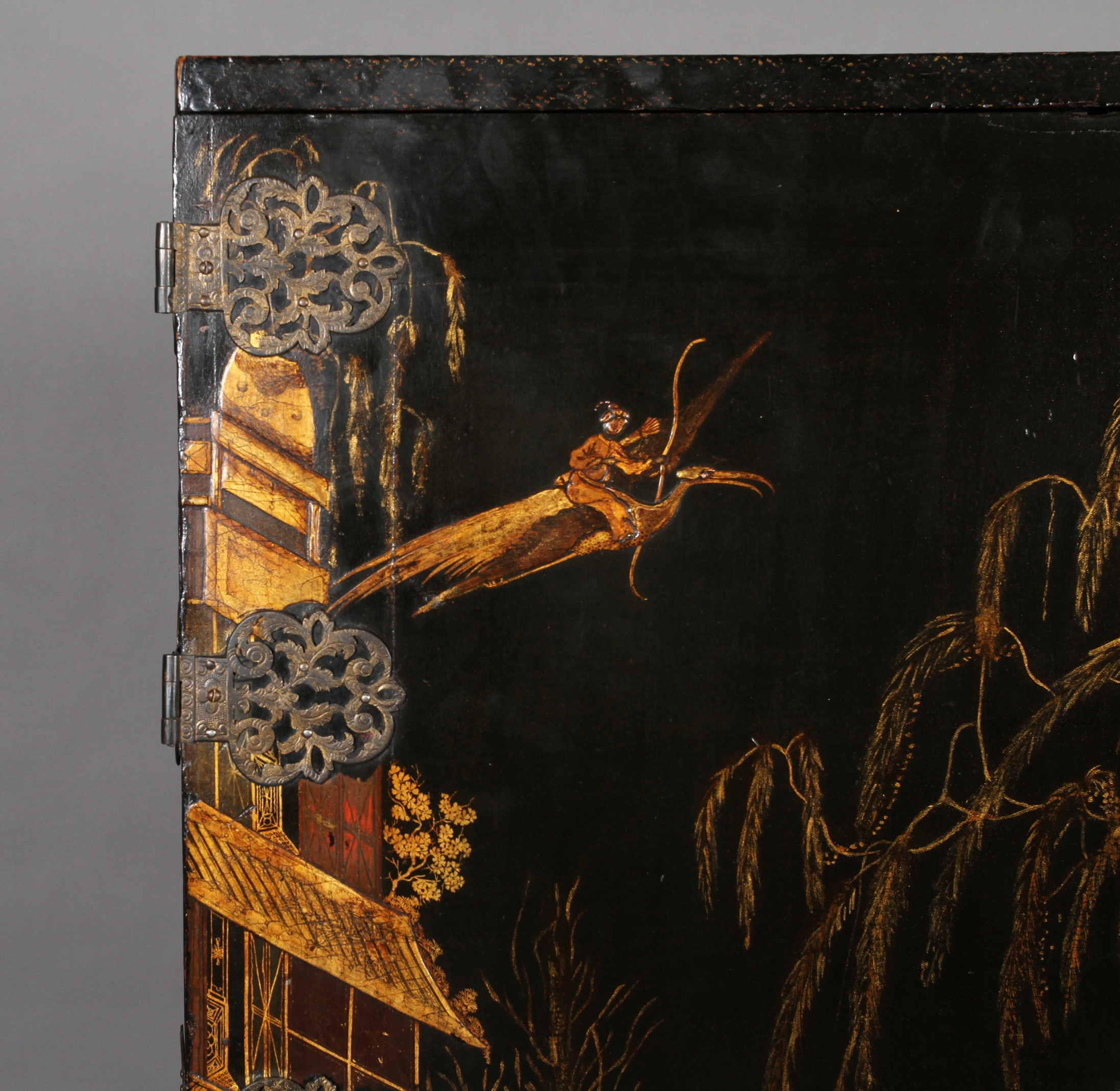 A CHINESE BLACK AND GILT LACQUERED CABINET ON STAND, 19th century, having two doors gilt with - Image 2 of 13